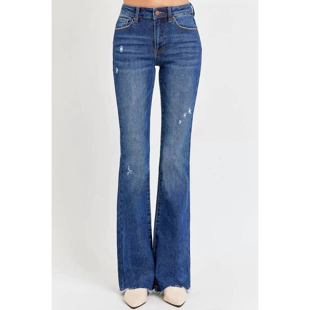 NEW RISEN kourtney flare leg distressed jeans in blue